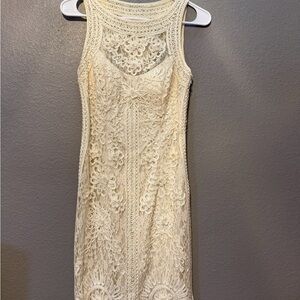 Sue Wong Ivory Crochet Lace Midi Dress